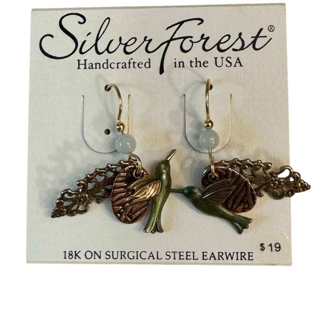 Silver Forest Green Hummingbird Dangle Earrings